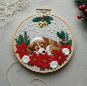 sleeping christmas pup hand embroidery pattern, sleeping christmas pup pattern, hand embroidery, hand embroidery pdf