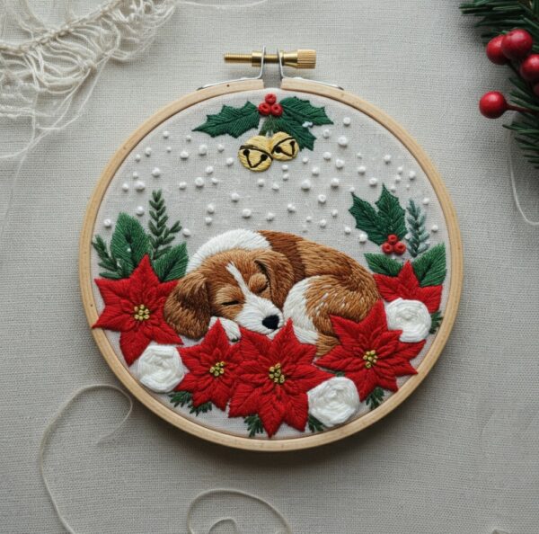 sleeping christmas pup hand embroidery pattern, sleeping christmas pup pattern, hand embroidery, hand embroidery pdf