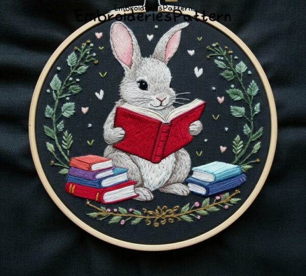 bookish bunny embroidery hand embroidery pattern, bookish bunny pattern, hand embroidery, hand embroidery pdf
