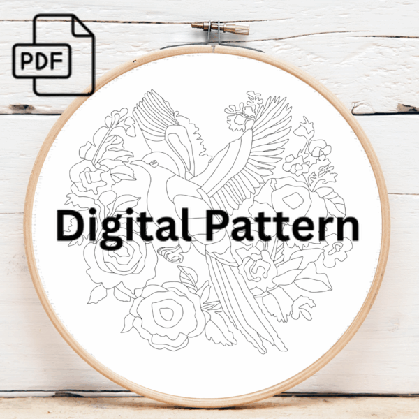 exotic flight hand embroidery pattern, exotic pattern, hand embroidery, hand embroidery pdf