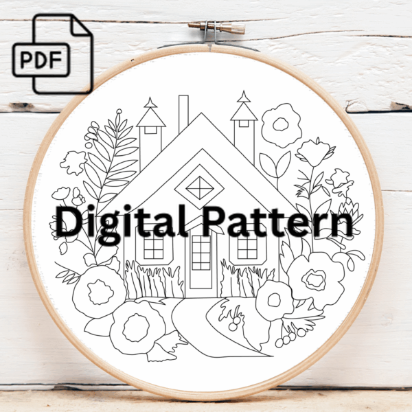 cottage serenity in bloom hand embroidery pattern, cottage pattern, hand embroidery, hand embroidery pdf