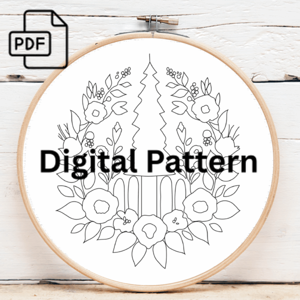 floral pagoda harmony hand embroidery pattern, floral pattern, hand embroidery, hand embroidery pdf