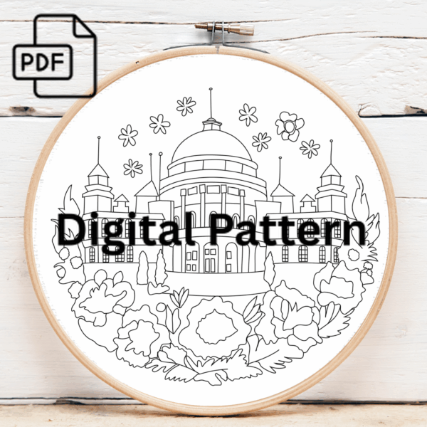 grand building with florals hand embroidery pattern, grand pattern, hand embroidery, hand embroidery pdf