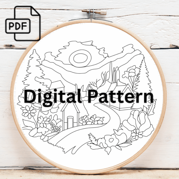 sunlit village embroidery art hand embroidery pattern, sunlit pattern, hand embroidery, hand embroidery pdf