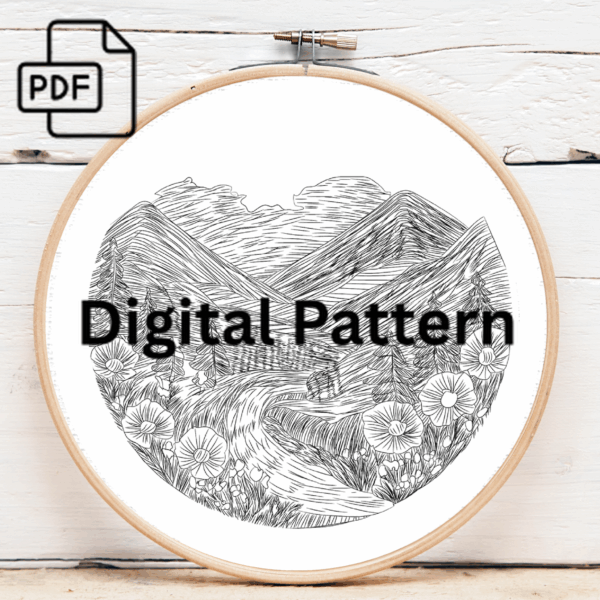 blush mountain embroidery scene hand embroidery pattern, blush pattern, hand embroidery, hand embroidery pdf