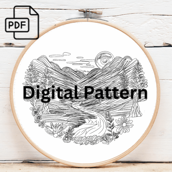 mountain sunrise embroidery art hand embroidery pattern, mountain pattern, hand embroidery, hand embroidery pdf