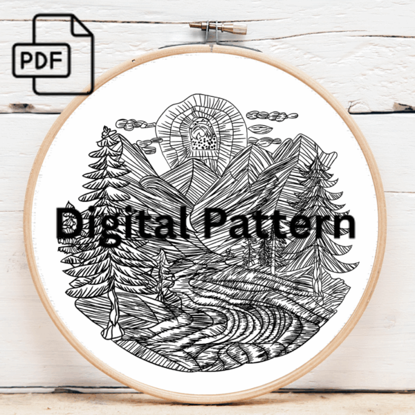 sunlit mountain embroidery scene hand embroidery pattern, sunlit pattern, hand embroidery, hand embroidery pdf