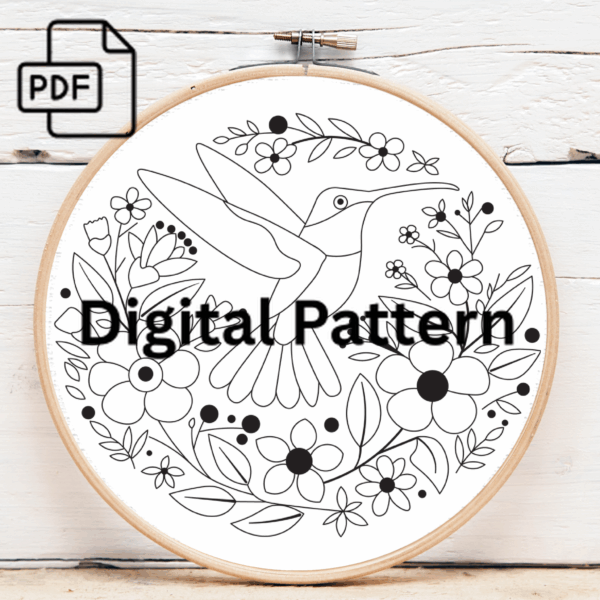 hummingbird and floral hand embroidery pattern, hummingbird pattern, hand embroidery, hand embroidery pdf