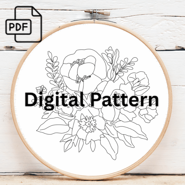 two prominent dark red blooms hand embroidery pattern, two pattern, hand embroidery, hand embroidery pdf