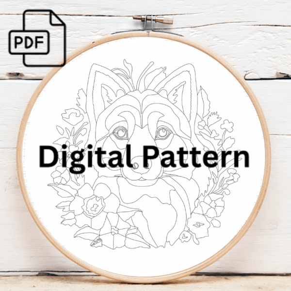 charming husky dog hand embroidery pattern, charming pattern, hand embroidery, hand embroidery pdf
