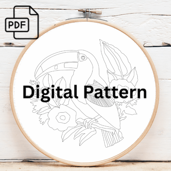 tropical toucan tapestry hand embroidery pattern, tropical pattern, hand embroidery, hand embroidery pdf