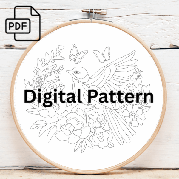 vibrant bird and butterfly hand embroidery pattern, vibrant pattern, hand embroidery, hand embroidery pdf