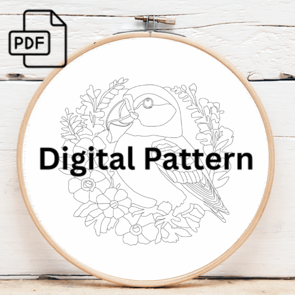 vibrant puffin hand embroidery pattern, vibrant pattern, hand embroidery, hand embroidery pdf