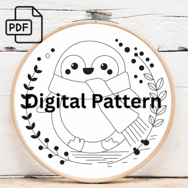 winter penguin hand embroidery pattern, winter pattern, hand embroidery, hand embroidery pdf