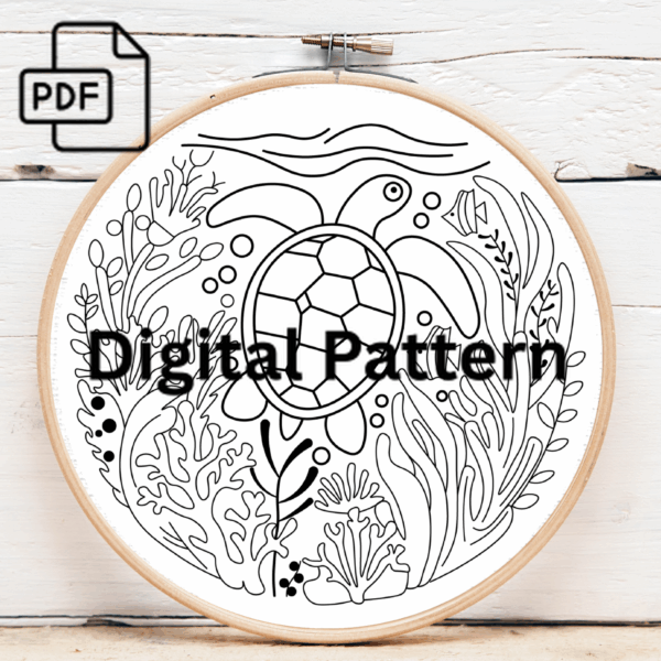 sea turtle with seaweed hand embroidery pattern, sea pattern, hand embroidery, hand embroidery pdf