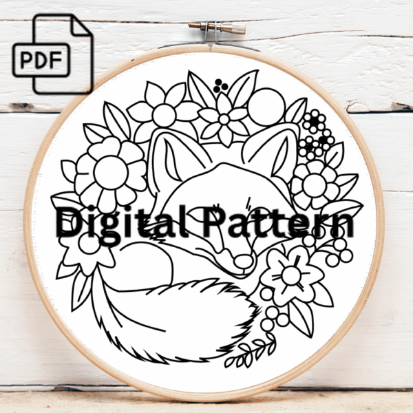 sleepy fox hand embroidery pattern, sleepy pattern, hand embroidery, hand embroidery pdf
