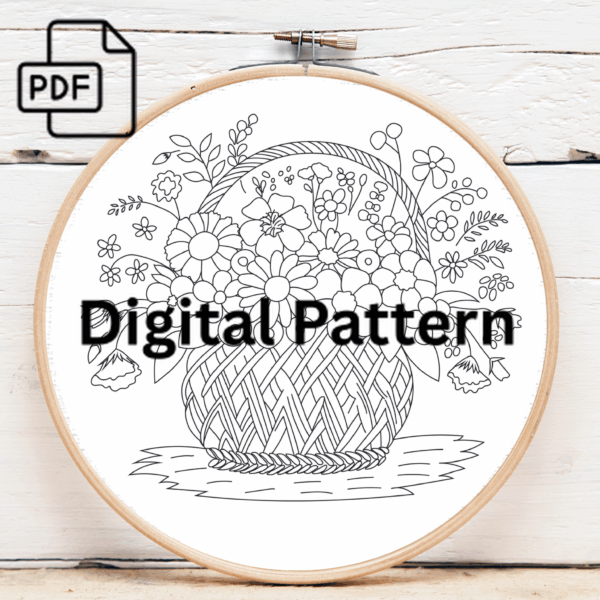 basket vase filled with a vibrant bouquet hand embroidery pattern, basket pattern, hand embroidery, hand embroidery pdf