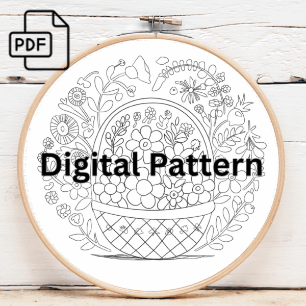 bouquet arranged in a basket hand embroidery pattern, bouquet pattern, hand embroidery, hand embroidery pdf