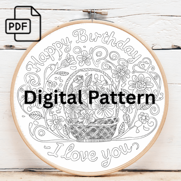 basket of flowers hand embroidery pattern, basket pattern, hand embroidery, hand embroidery pdf