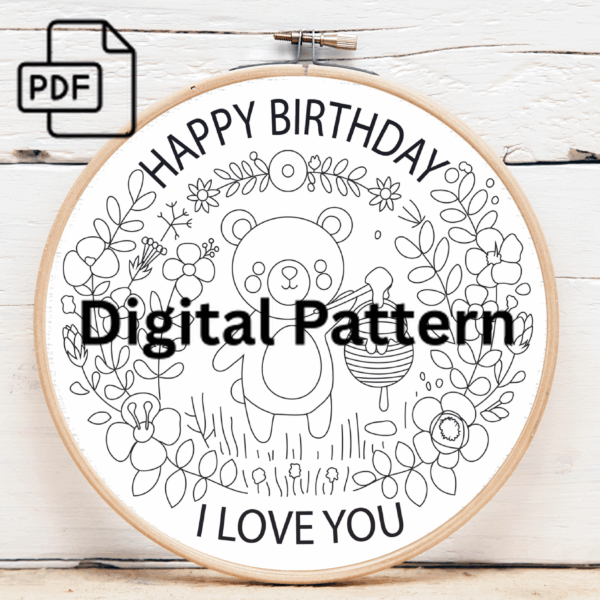 happy birthday bear hand embroidery pattern, happy pattern, hand embroidery, hand embroidery pdf
