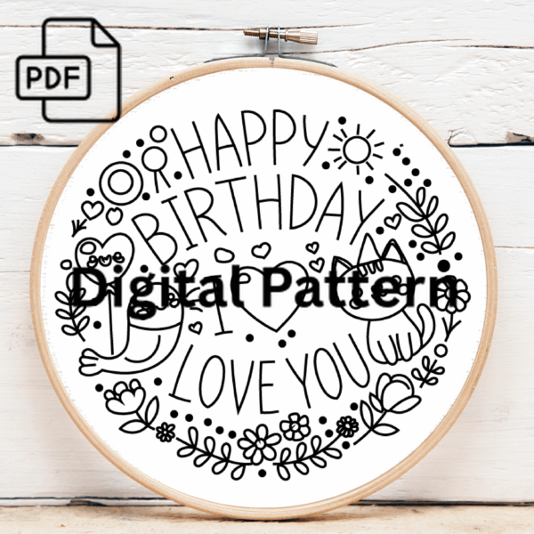 happy birthday kitty hand embroidery pattern, happy pattern, hand embroidery, hand embroidery pdf