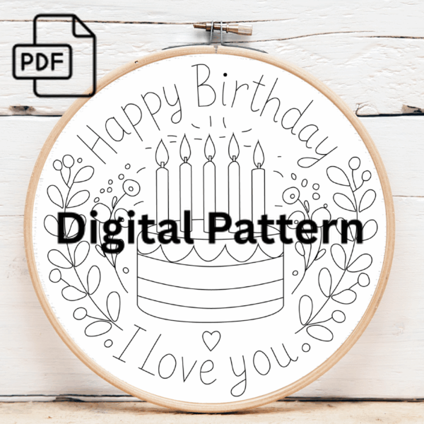 happy birthday cake hand embroidery pattern, happy pattern, hand embroidery, hand embroidery pdf