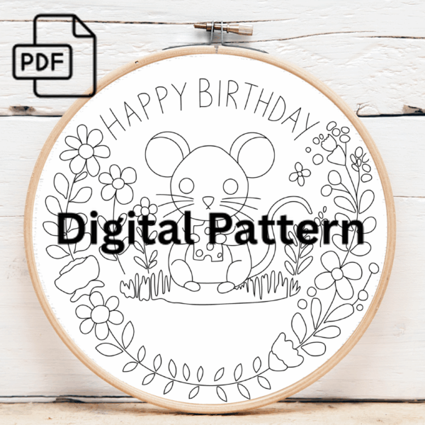 happy birtmouse hand embroidery pattern, happy pattern, hand embroidery, hand embroidery pdf