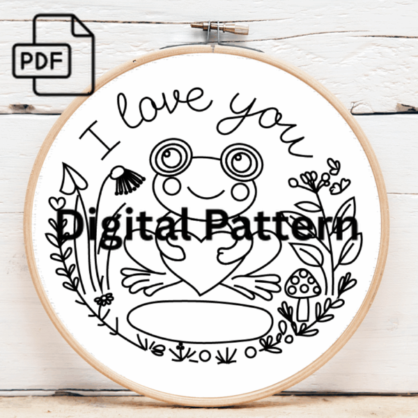 i love you frog cute hand embroidery pattern, i pattern, hand embroidery, hand embroidery pdf