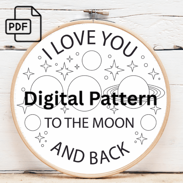i love you moon and stars hand embroidery pattern, i pattern, hand embroidery, hand embroidery pdf