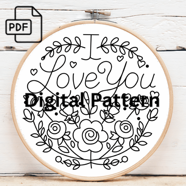 i love you red hand embroidery pattern, i pattern, hand embroidery, hand embroidery pdf