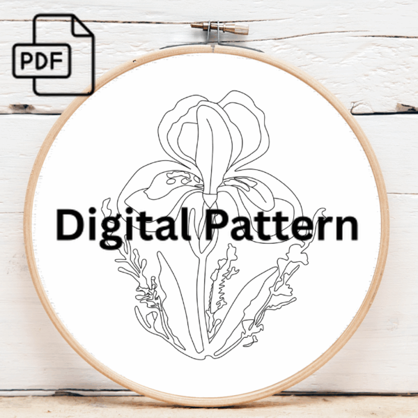 blue iris flower hand embroidery pattern, blue pattern, hand embroidery, hand embroidery pdf