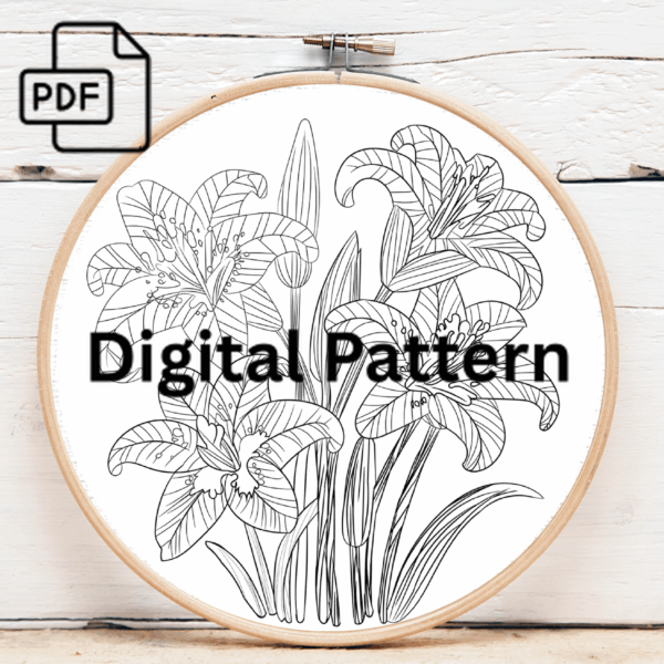 colorful lilies hand embroidery pattern, colorful pattern, hand embroidery, hand embroidery pdf