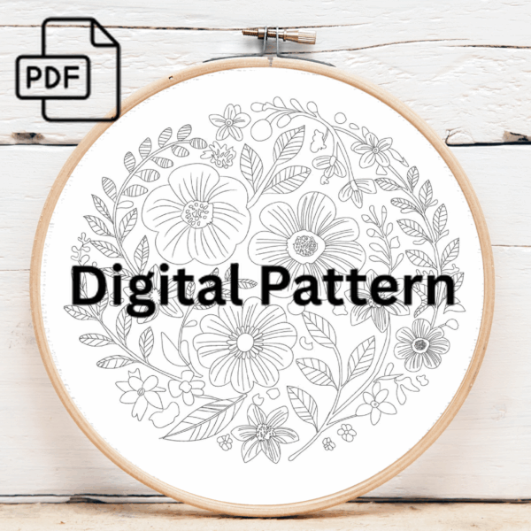 floral white and orange hand embroidery pattern, floral pattern, hand embroidery, hand embroidery pdf