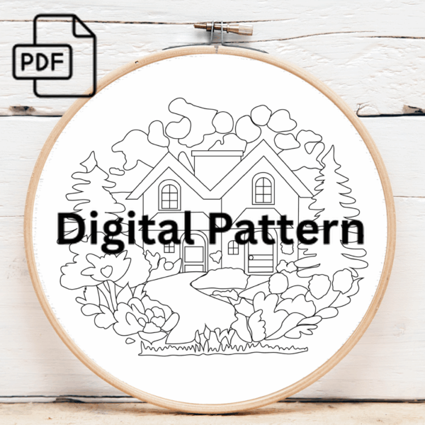 charming cottage embroidery scene hand embroidery pattern, charming pattern, hand embroidery, hand embroidery pdf