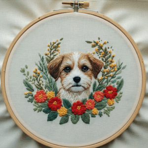 black-white-dog-surrounded-by-flowers