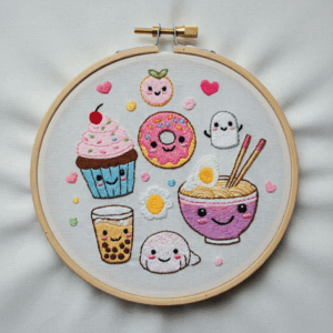 embroidery-variety-food-items-white-surface