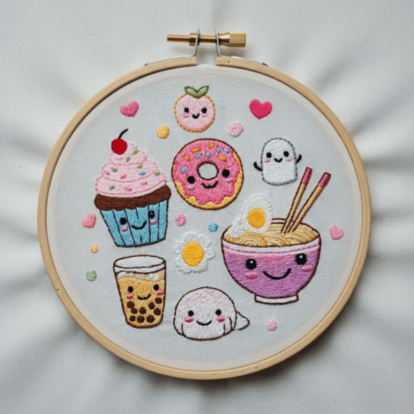embroidery-variety-food-items-white-surface