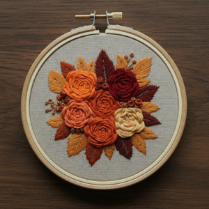 embroidery-bunch-flowers-wooden-surface