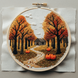 close-up-cross-stitched-picture-path-through-forest