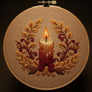 close-up-cross-stitched-picture-lit-candle