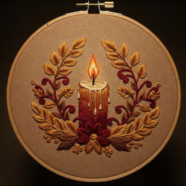 close-up-cross-stitched-picture-lit-candle