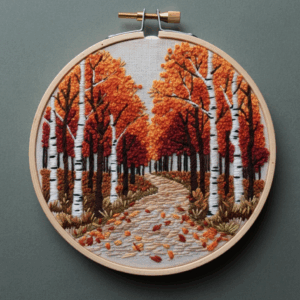 close-up-cross-stitched-picture-road-woods