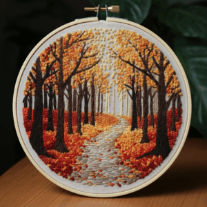 close-up-cross-stitched-picture-path-woods