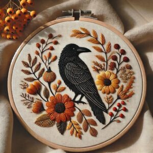 embroidery-black-bird-sitting-branch-tree