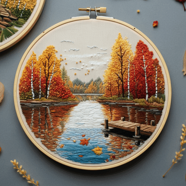 embroidery-lake-dock-trees-background