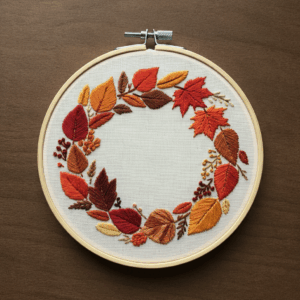 close-up-embroidery-wreath-leaves-berries