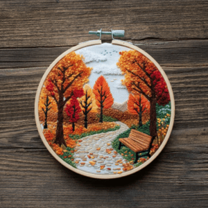 close-up-cross-stitched-picture-bench-park