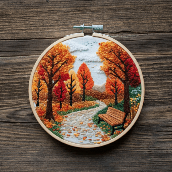close-up-cross-stitched-picture-bench-park