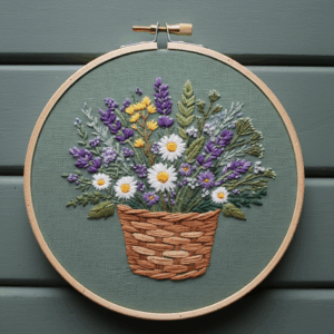 embroidery-basket-flowers-green-wall