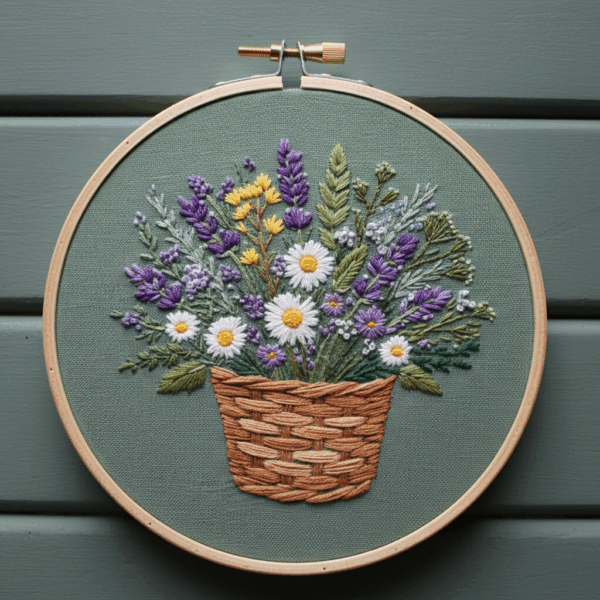 embroidery-basket-flowers-green-wall